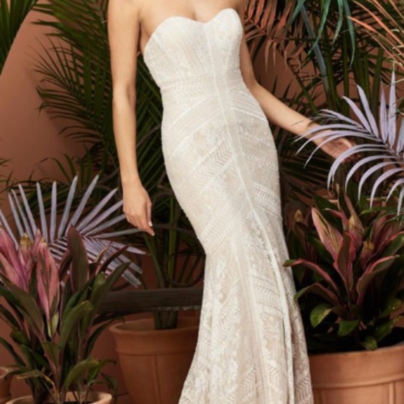 ivory/almond, ivory lace, sequins throughout dress, strapless - Picture 4 of 5